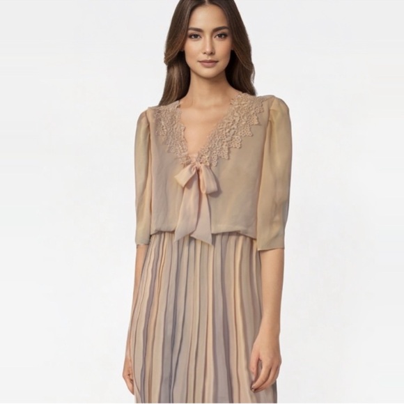 Vintage 80’s Dress Peach Accordion Pleated Pussybow Lace Collar Padded Shoulders - Picture 11 of 16